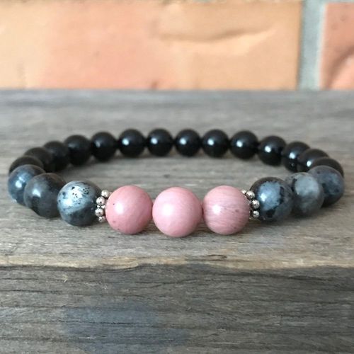 Bracelet Énergétique En Rhodonite De Grade Aa Pour Femmes, Nouveau Design, Bijoux De Yoga, Larvikitte Grise, Tourmaline Noire, Méditation, Mg0925