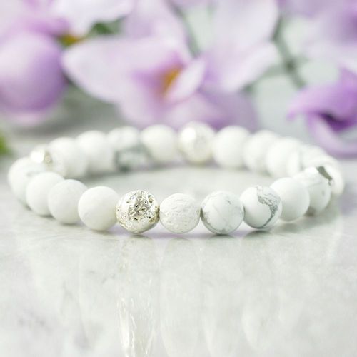 Bracelet Diffuseur D'huile Essentielle Howlite Blanc, 8mm, Plaqué À La Main, Perle De Lave, Pour L'anxiété, Mg0940