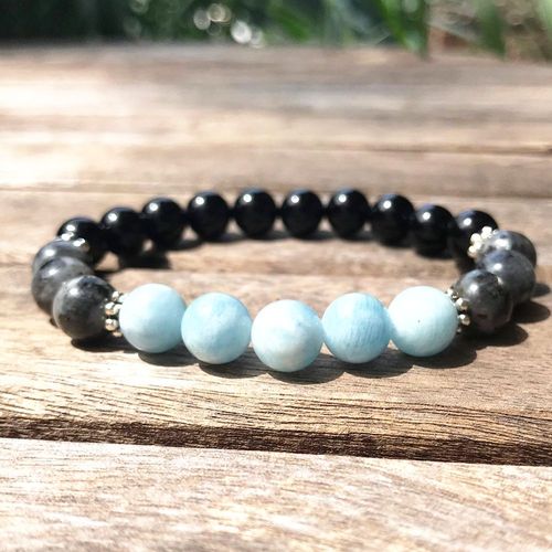 Bracelet Tourmaline Noir Gris Naturel Pour Femmes, 8mm, Grade A, Larvikitte Énergétique, Yoga Aquatique Marin