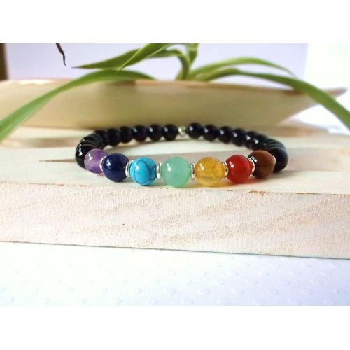 Bracelet En Pierre D'onyx Noire 7 Chakra Pour Femmes, Bijoux En Pierre De Guérison Spirituelle, Sn0341