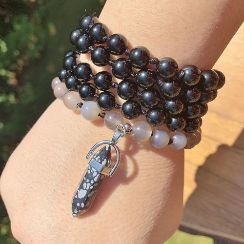 Collier Mala Noué En Onyx Noir Et Gris, Agate, C¿Ur Chakra, Méditation De Guérison, Meilleur Cadeau Pour Femmes, St0471