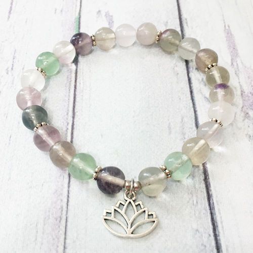 Bracelet En Fluorite Arc En Ciel Naturelle Pour Femmes, Bijou Énergétique, Breloque Lotus, Haute Qualité, Courage Et Résilience, 8 Mm
