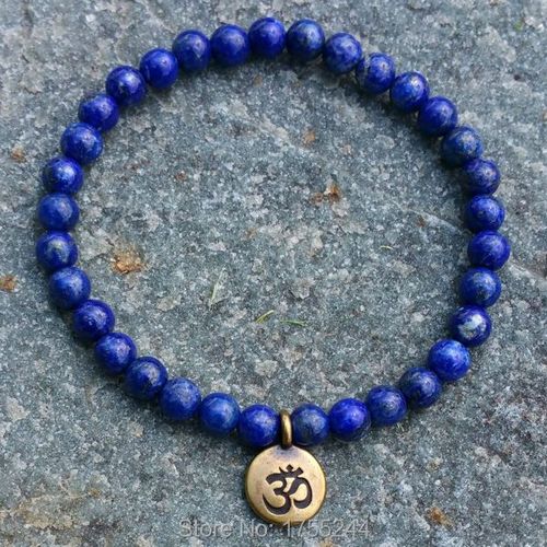 Bracelet En Perles Fait À La Main, 6mm, Lapis Lazuli, Perles En Pierre Naturelle, Laiton Antique Ohm, Breloque Bouddha Lotus, Vente En Gros, Sn1106