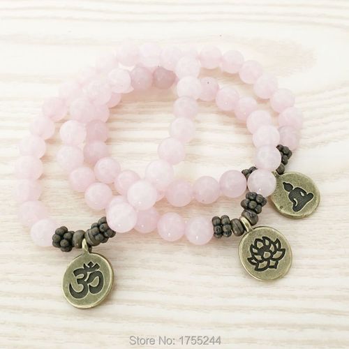 Bracelet En Pierre De Rose Véritable, En Laiton Antique Om Bouddha Lotus, Breloque, Meilleur Cadeau Pour Elle, Sn1107 Aaa