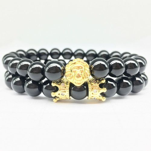 Bracelet Énergétique Pour Hommes, Nouveau Design, Tête De Lion, Couronne, Onyx Noir, Bijoux Puissants, À La Mode, Vente En Gros, Cz0042