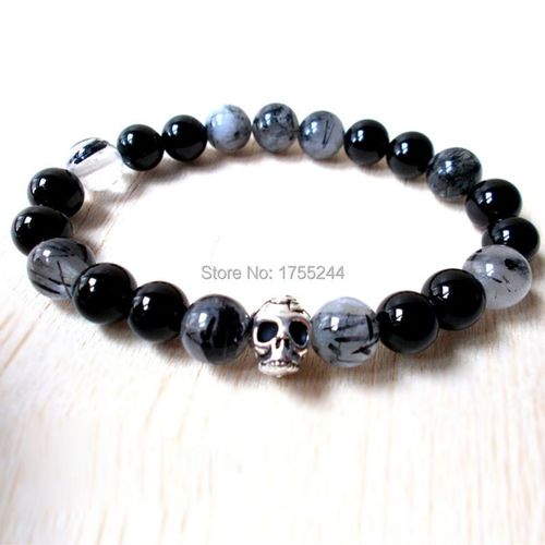 Bracelet En Onyx Noir Pour Hommes, Nouveau Design, Bijoux De Guérison, Crâne, Quartz Tourmaline