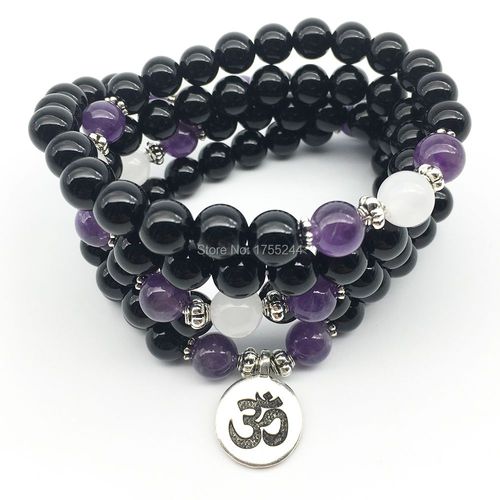 Bracelet Ou Collier En Onyx Noir Pour Femmes, Perles Mala, 8mm, 108 Ohm, Lotus, Bouddha, Yoga, Livraison Gratuite, Sn1361