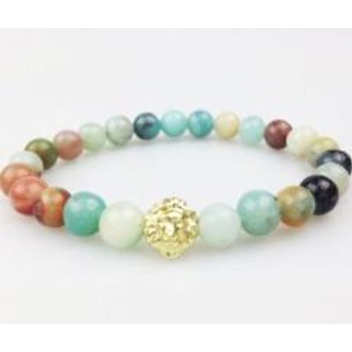 Bracelet Perlé En Pierre D'amazonite Pour Hommes, Bijou Avec Tête De Lion, Couleur Or, Pierre Naturelle, À La Mode, Sn0351