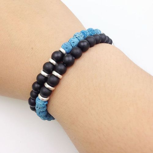 Sn0086 Bracelet Pour Hommes En Pierre, En Pierre Semi Précieuse Personnelle, Pierre De Lave Bleue Et Pierre D'onyx Mat