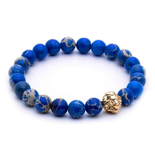 Bracelet De Perles En Pierre De Sédiments De Mer Bleus Pour Hommes, 8mm, Plaqué Or, Rose, Tête De Lion, Nouveau Design, Bijoux De Haute Qualité, Sn0446, 2016