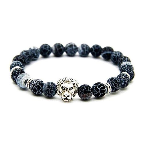 Bracelet Lion Couleur Argent Pour Homme, Bijoux En Pierre Noire Craquelée, Breloque, Cadeau De Saint Valentin, Sn0695