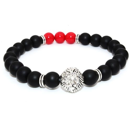 Bracelet En Pierre De Corail Rouge Pour Homme, En Argent Plaqué, Tête De Lion, Onyx Noir Mat, À La Mode, Sn0638