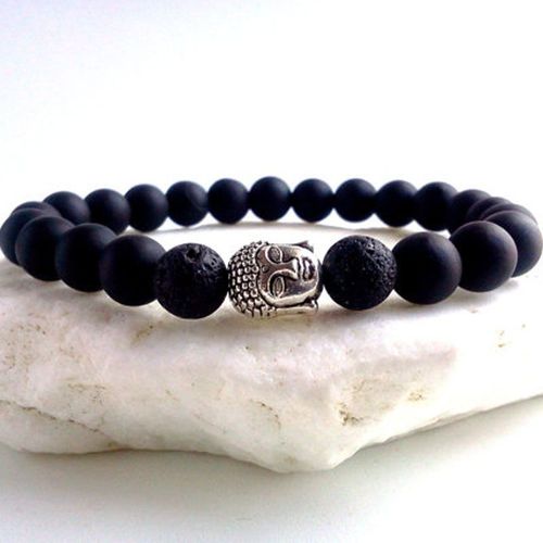 Sn0108 Bracelet De Bouddha Pour Hommes, Onyx Noir Et Pierre De Lave, Bracelet Extensible