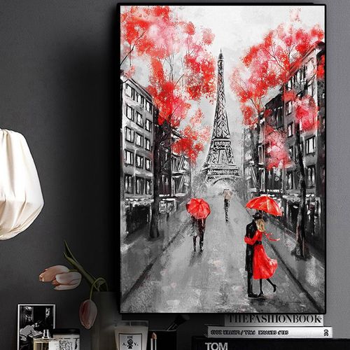 Peinture À L'huile Sur Toile, Ville Romantique, Couple, Paris, Tour Eiffel, Affiches Et Imprimés D'art, Tableau Mural Nordique Pour Salon Sans Cadre?40x40cm