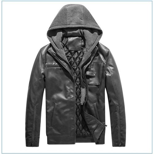Manteau À Capuche Amovible Multi - Poches En Cuir Pu Plus Coton Manches Longues Zippées Gris Taille S
