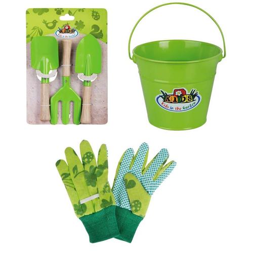 Kit Petit Jardinier Accessoires Pour Enfant En Métal Seau + Gants + Petits Outils