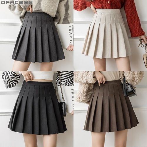 Mini Jupe Plissée Taille Haute En Laine Pour Femme,Monochrome,Vintage,École,Ligne A,Beige,Gris,Noir,Marron,Hiver