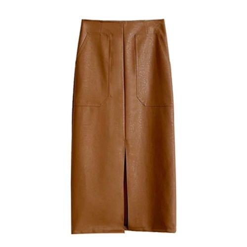 Jupe Longue En Faux Cuir Pu Pour Femme,Slim,Droite,Fendue,Design Chic,Mode,Couleur Unie,Printemps