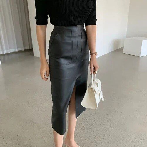 Jupe Longue En Faux Cuir Pu Pour Femme,Slim,Droite,Fendue,Design Chic,Mode,Couleur Unie,Printemps