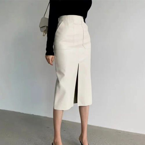 Jupe Longue En Faux Cuir Pu Pour Femme,Slim,Droite,Fendue,Design Chic,Mode,Couleur Unie,Printemps