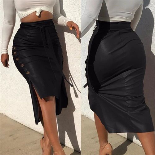Jupe Mi-Longue En Cuir Pu Taille Haute Pour Femme,Bouton Latéral À Lacets,Jupe Crayon Slim,Streetwear Pour Femme,Document Monochrome,Mode