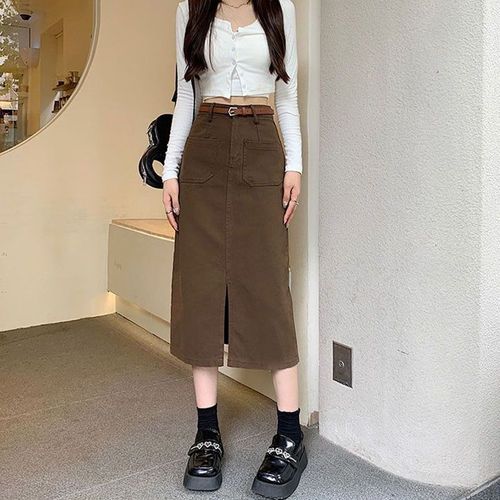 Jupe Longue Coréenne Pour Femmes,Coupe Cintrée,Avec Ceinture,Taille Haute,Fendue,Droite,Poches Assorties
