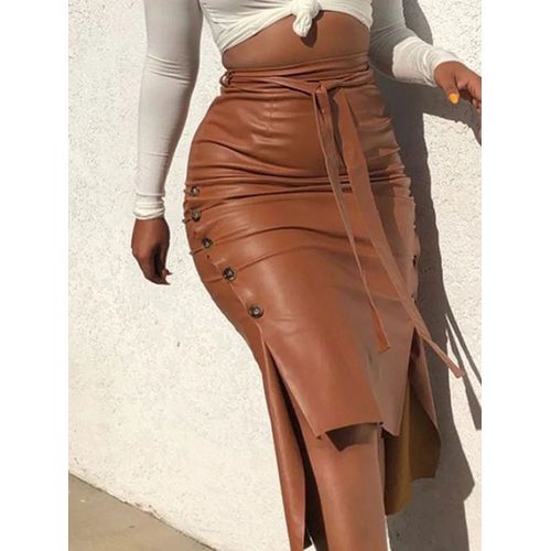 Jupe Midi En Cuir Chimpu Pour Femme,Couleur Unie,Taille Haute,Lacets,Bouton Latéral,Slim,Crayon,Streetwear