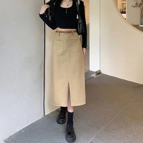 Jupe Longue Coréenne Pour Femmes,Coupe Cintrée,Avec Ceinture,Taille Haute,Fendue,Droite,Poches Assorties
