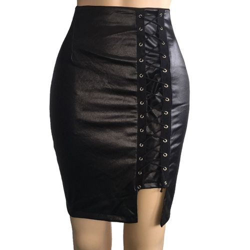 Jupe En Cuir Taille Haute Et Au Genou Pour Femme,Longueur Aux Genoux,Bandage Fendu,Hanche Sexy,Habillée