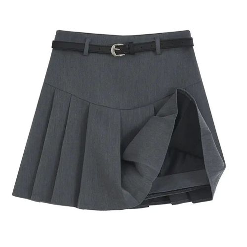 Yitimoky-Mini Jupe Plissée Chic Pour Femme,Taille Haute,Gris,Noir,Mode,Couleur Unie,Printemps Été,Ligne A Avec Ceinture