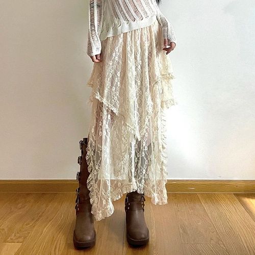 Heprocureur Giatv-Jupe En Dentelle Taille Haute Pour Femmes,Jupes Mi-Longues Mignonnes,Vêtements De Vacances Fairycore,Mode Esthétique Vintage Pour Dames,Y2k