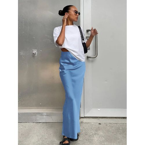 Jupe En Satin Noir Pour Femmes,Couleur Unie,Taille Haute,Mode Décontractée,Été 2024