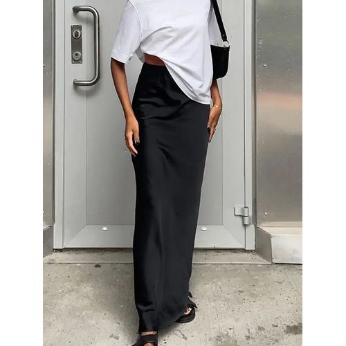Jupe En Satin Noir Pour Femmes,Couleur Unie,Taille Haute,Mode Décontractée,Été 2024