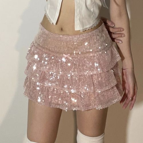 Mini Jupes À Paillettes Pour Femmes Et Filles,Rose,Superposé,À Volants,Streetwear,Court,Ligne A,Rotterdam,Kly,Club,Fête,Mode