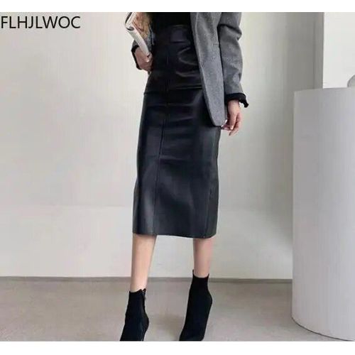 Jupe En Faux Cuir Pu Taille Haute Pour Femmes,Bandage,Hanche,Une Étape,Rétro,Tempérament,Mode Solide,Mi-Longueur,Jupes Fendues