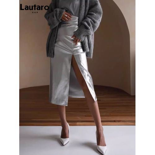 Lautaro-Jupe Longue En Cuir Pu Pour Femme,Fente Avant,Taille Haute,Noir Brillant,Argent,Doré,Vêtements De Créateur De Luxe,Printemps,Automne,2023