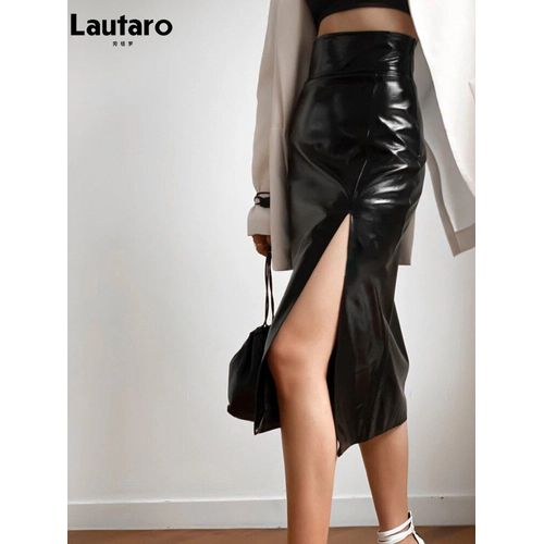 Lautaro-Jupe Longue En Cuir Pu Pour Femme,Fente Avant,Taille Haute,Noir Brillant,Argent,Doré,Vêtements De Créateur De Luxe,Printemps,Automne,2023
