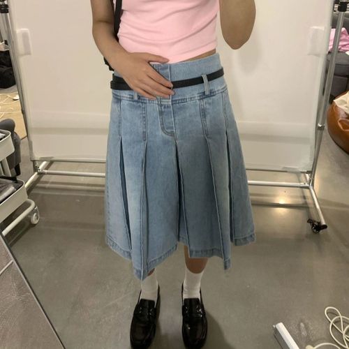Jupe Plissée En Jean Bleu Pour Femmes,Longueur Genou,Denim,Ligne A,Longue,Y2k,Vintage,Coréen,Été