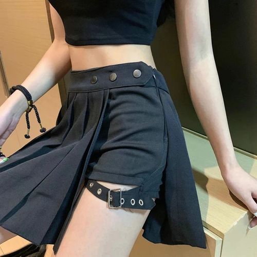 Jupe Gothique Sexy Pour Femmes,Taille Haute,Plissée,Punk,Noire,Été,Avec Objectifs