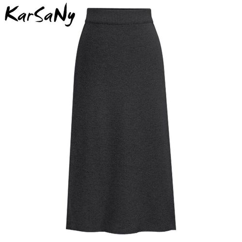 Jupe Crayon Tricotée Pour Femme,Taille Haute,Fendue,Mi-Longue,6xl,Automne Hiver