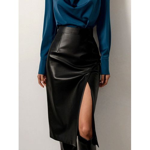 Jupe Midi En Cuir Sexy Pour Femmes,Couleur Unie Noire,Taille Haute,Tenue Crayon Fendue,De Bureau,Collection Automne Hiver 2022