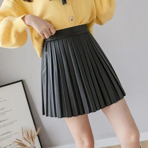 Jielur-Mini Jupe Plissée En Cuir Pu Pour Femme,Jupes Minces,Streetwear Taille Haute,Mode Harajuku,Printemps,Automne