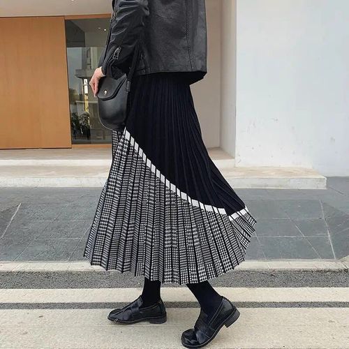 Jupe Trapèze Longue Plissée À Carreaux Pour Femmes,Jupe En Tricot Patchwork,Taille Haute Mince,Mode Vintage,2023