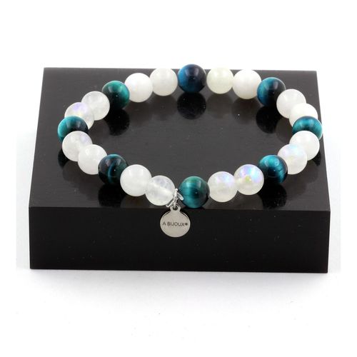 Bracelet Perles Pierre De Lune + Oeil De Tigre Bleu Clair 8 Mm. Fabriqué En France.