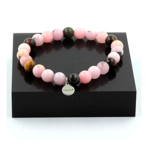 Bracelet Perles Opale Rose + Oeil De Tigre Multicolore 8 Mm. Fabriqué En France.