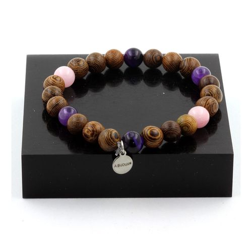 Bracelet Perles Opale Rose + Oeil De Tigre Violet + Améthyste + Bois 8 Fabriqué En France.