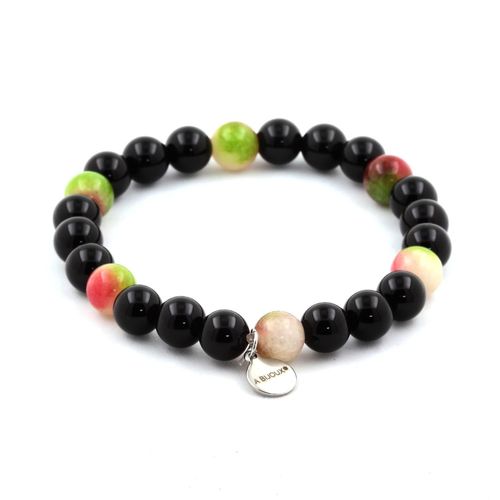 Bracelet Perles Tourmaline Melon D'eau + Agate Noire 8 Mm. Fabriqué En France.