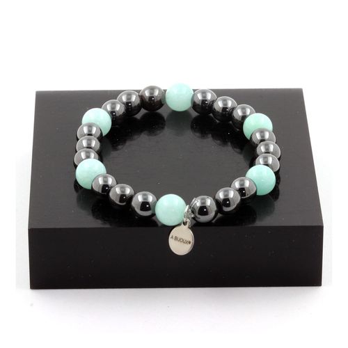Bracelet Perles Amazonite + Hématite 8 Mm. Fabriqué En France.