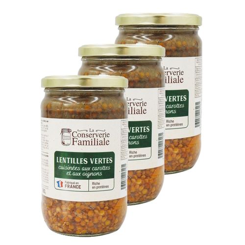 Lot 3x Lentilles Vertes Cuisinées France - Bocal 680g