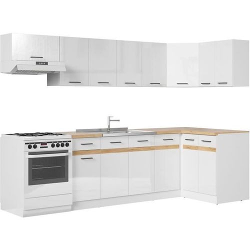 Junona Cuisine D'angle Complete 340cm - 10 Éléments - Plan De Travail Inclus - Blanc Brillant